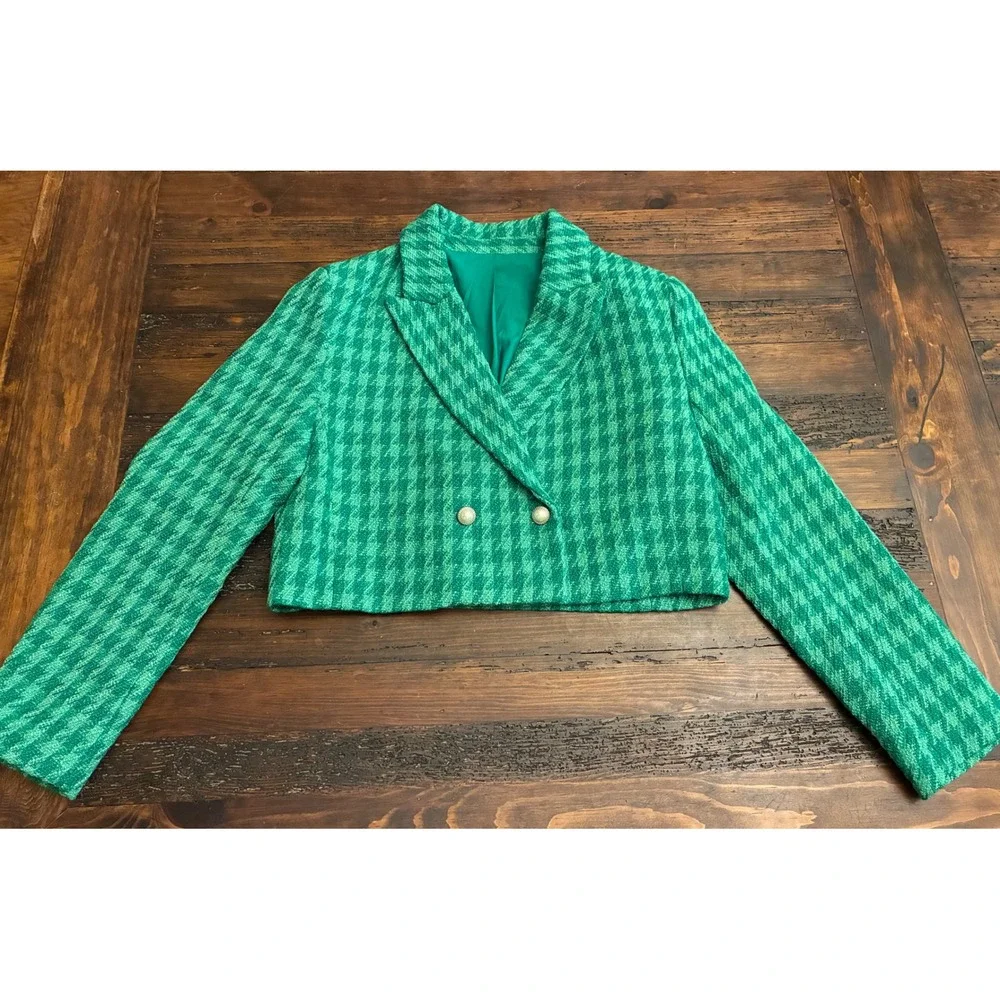 Ciay Bell Cropped Tweed Blazer Mini Skirt 2 Piece Set Women's Medium Houndstooth